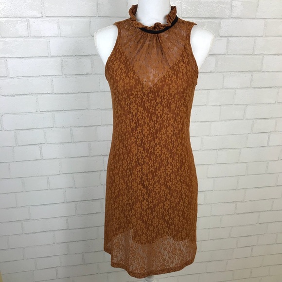🧡🖤 Zara Burnt Orange Copper Lace Overly Dress - Picture 2 of 7